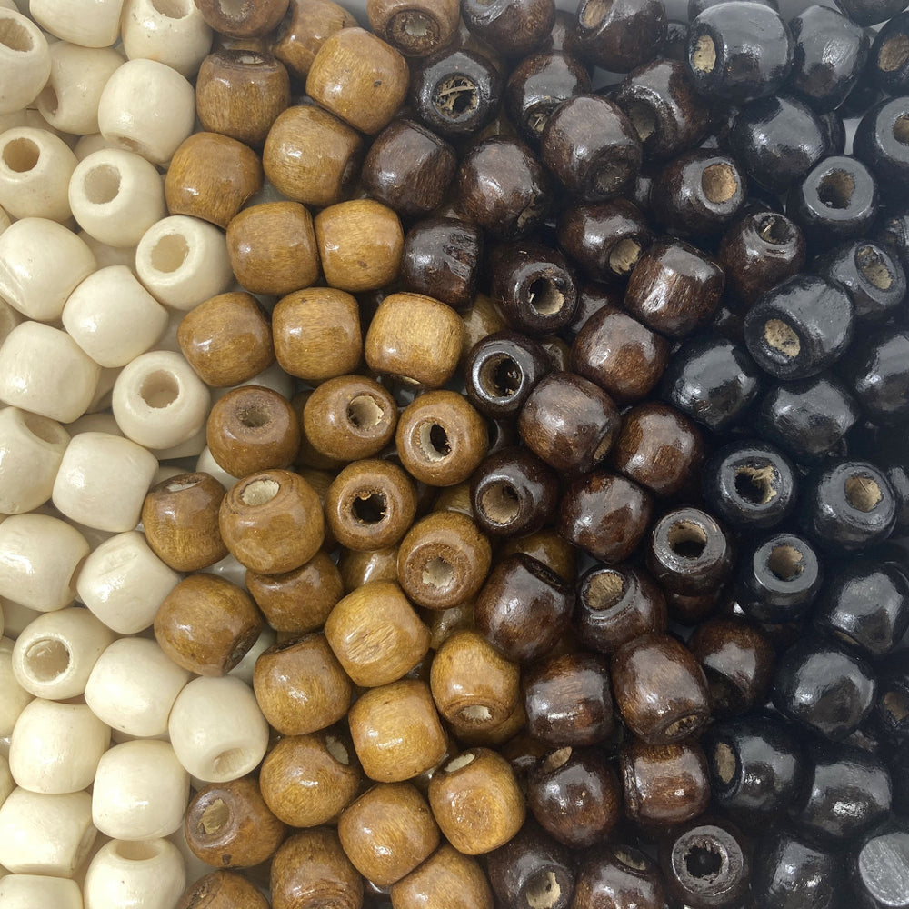 200 Multicolor Wood Beads in Natural Colors Brown, Dark Brown, Black and Creamy White Barrel Shaped Beads 12mm x 10mm with 5.5mm Large Hole, Size: 12